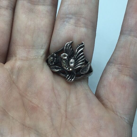💛 925 Marcasite Dove & Flower Ring - Picture 4 of 4